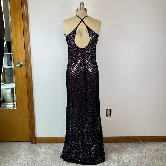 90’s Y2K Rampage Black Overlay Metallic Silver Halter Maxi Occasion Dress (Sz M) - Picture 14 of 16